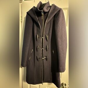 Mackage Steffy navy blue wool coat with leather trim size large